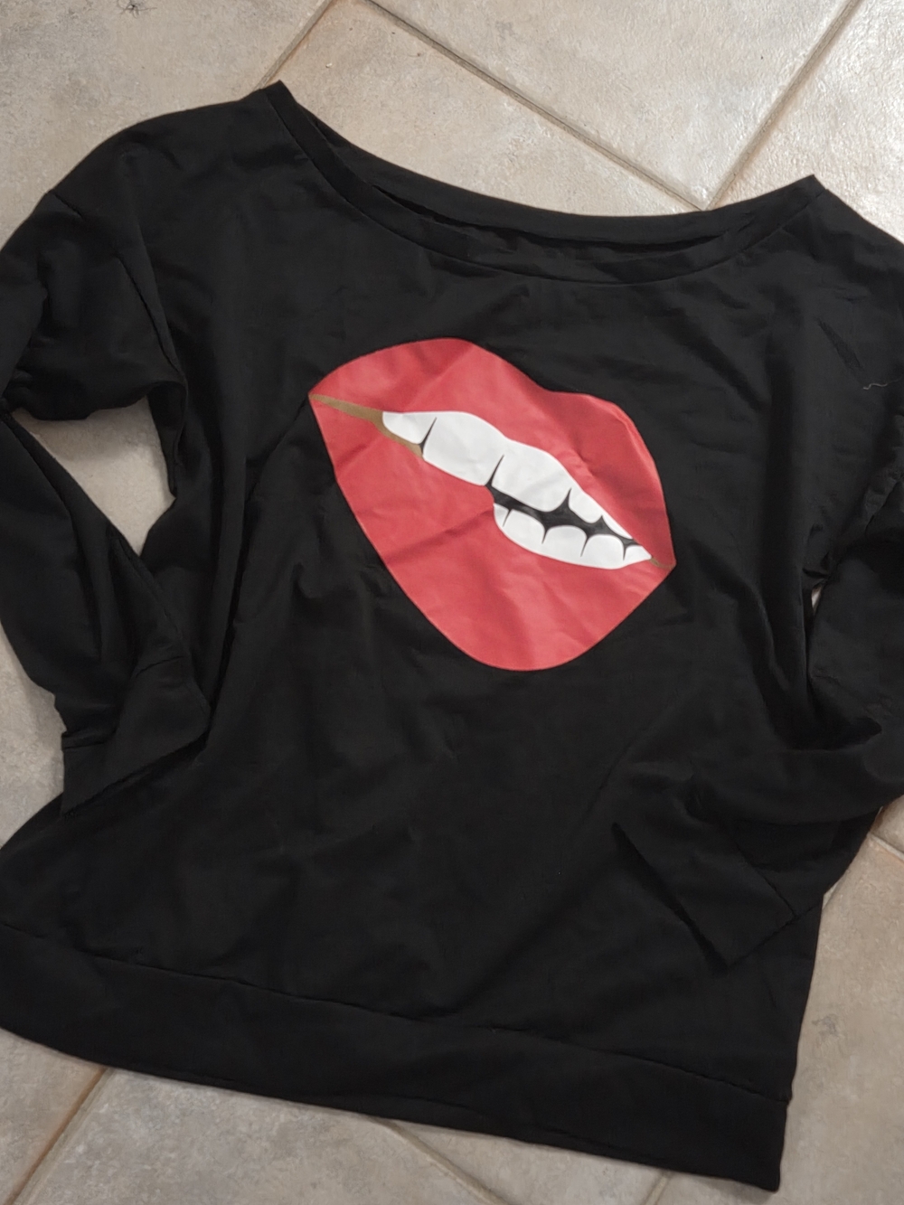 Black Off Shoulder Sweatshirt with Red Lip Graphic